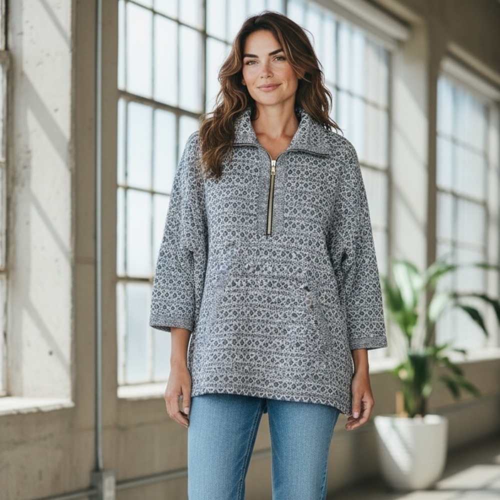 Ruby Rd. Navy and White Knit Quarter Zip Pullover 2X Top